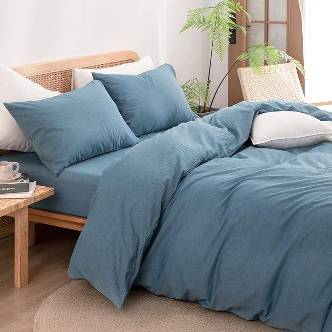 BESTOUCH Duvet Cover Set 100% Washed Cotton Linen Feel Super Soft Comfortable Chic Lightweight 2 PCs Home Bedding Set Solid Dark Blue Twin/Twin XL