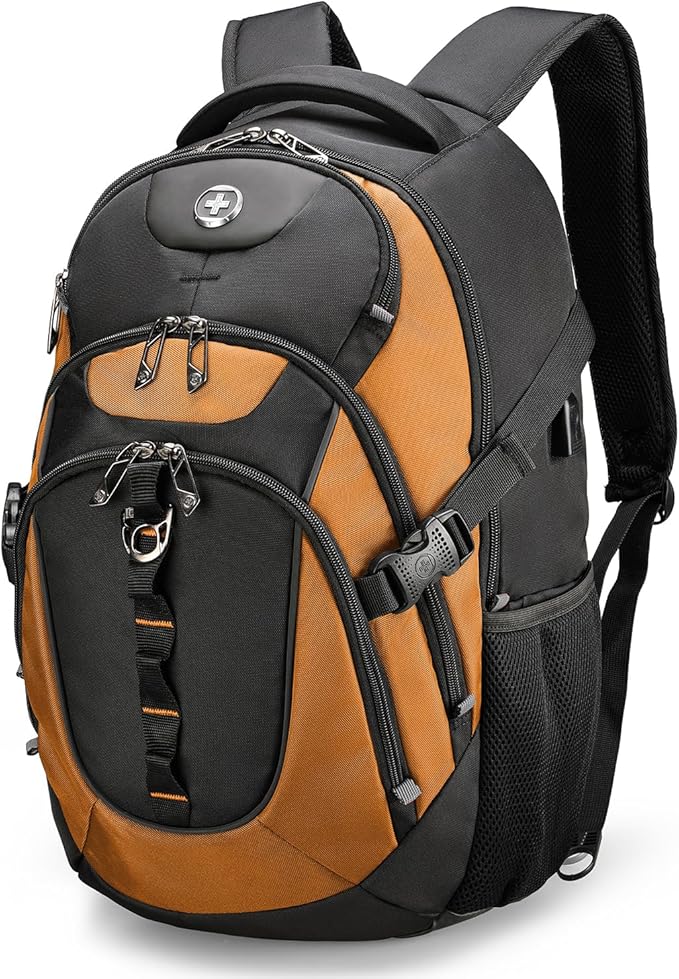 Swissdigital Design Laptop Backpack with USB Charging Port, Travel Backpack Fits 15.6 inches Computer, 31L College School Backpack for Men, Orange/Black | SD803