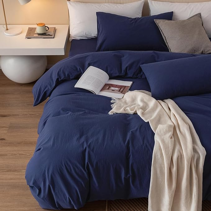 JIYUAN 100% Washed Cotton Duvet Cover Set 3 Pieces Queen, 1 Duvet Cover 90x90 Inches(Comforter Not Included) and 2 Pillowcases,Linen Feel Bedding Set Comfy and Breathable,Navy Blue