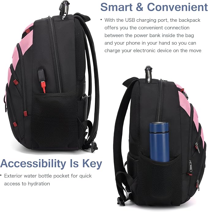 Boavan Laptop Backpack for men, 15.6 inch Laptop Bag with USB Port, Waterproof Travel Work Backpack Purse, Anti-Theft Teacher Nurse Doctor Casual Bookbags Office Business backpack，PinkBlack