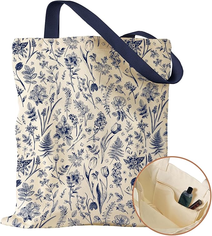 Aesthetic Canvas Tote Bag with Inner Pocket for Women, Cloth Cotton Totes Bag with Pattern for Shopping, Gym