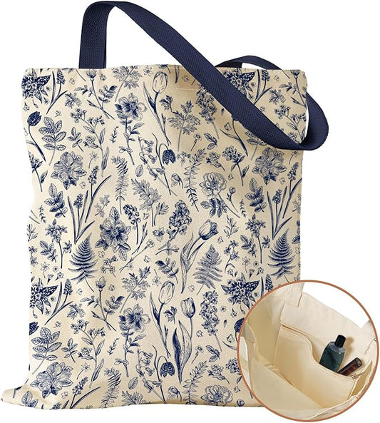 Aesthetic Canvas Tote Bag with Inner Pocket for Women, Cloth Cotton Totes Bag with Pattern for Shopping, Gym