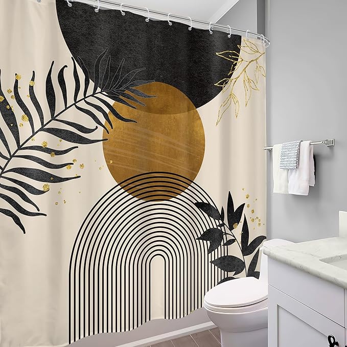 Black Boho Shower Curtain 72Wx72H Mid Century Gold Leaves Modern Bohemian Abstract Bathroom Decor Plant Botanical Minimalist Geometric Bath Curtain Fabric Polyester 12 Pack Hooks