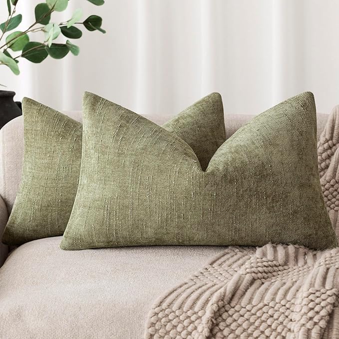 Foindtower Pack of 2 Textured Chenille Throw Decorative Pillow Covers Square Accent Solid Cushion Cover Neutral Farmhouse Lumbar Pillow Case for Couch Sofa Bedroom Living Room 12x24 Inch,Sage Green