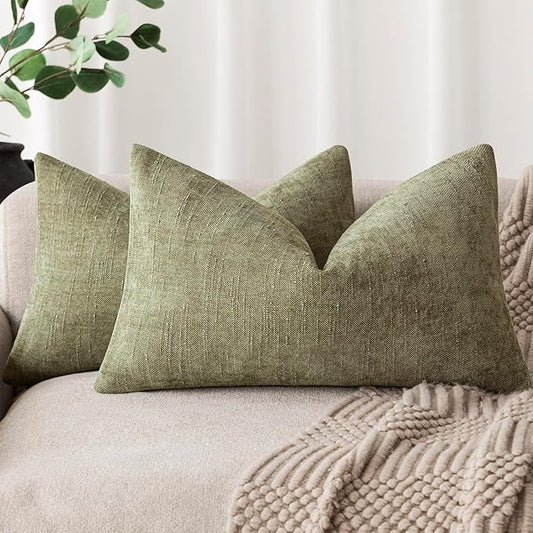 Foindtower Pack of 2 Textured Chenille Throw Decorative Pillow Covers Square Accent Solid Cushion Cover Neutral Farmhouse Lumbar Pillow Case for Couch Sofa Bedroom Living Room 12x24 Inch,Sage Green