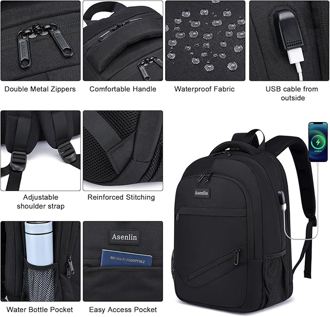 Asenlin Travel Laptop Backpack for Women & Men,Water Resistant Business Slim Sturdy Laptops Backpack with USB Charging Port,Fits 15.6 Inch Notebook College School Computer Bag-Black
