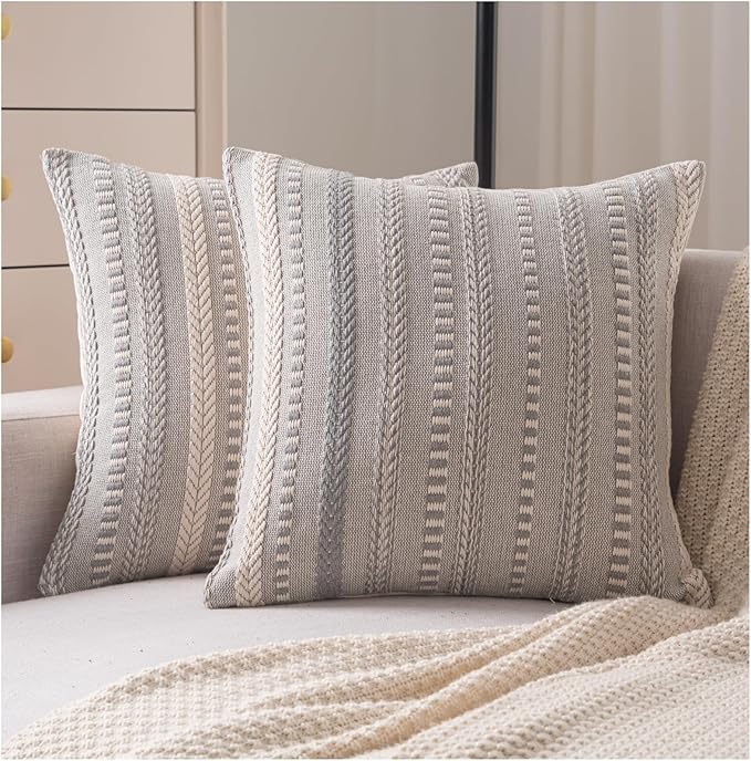 Boho Throw Pillow Covers 20x20 Inch Set of 2, Farmhouse Decorative Couch Pillow Cases, Grey Accent Pillows of Bed, Sofa Bedroom Living Room Home Decor Cushion Cover