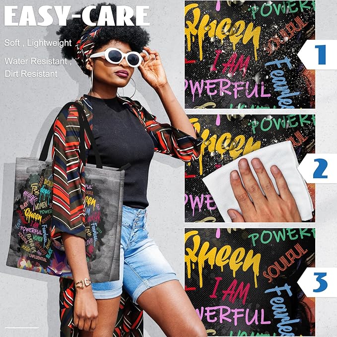 African American Women Tote Bag Black Shoulder Handbag For Women Fit Work Beach Labtops With Zip