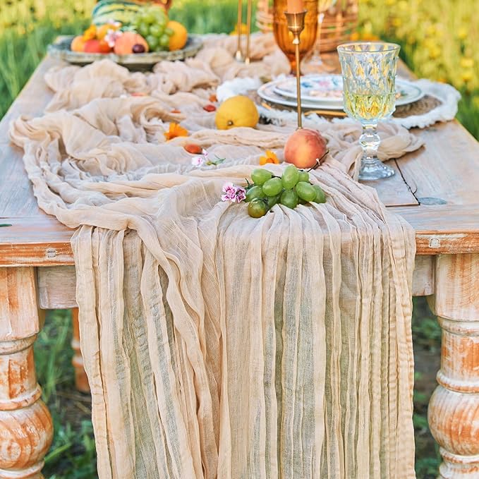 2 Pieces 10FT Table Runners Beige Cheesecloth Table Runner Long Boho Gauze Cheese ClothTable Runner Rustic Sheer Table Runner for Wedding Bridal Shower Birthday Party Table Decorations
