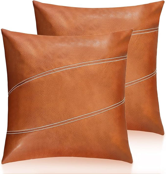 Faux Leather Throw Pillow Covers 20X20 Inch Set of 2 Milan Brown Outdoor Modern Farmhouse Solid Decorative Pillow Covers for Room Couch Living Bedroom Bed Sofa