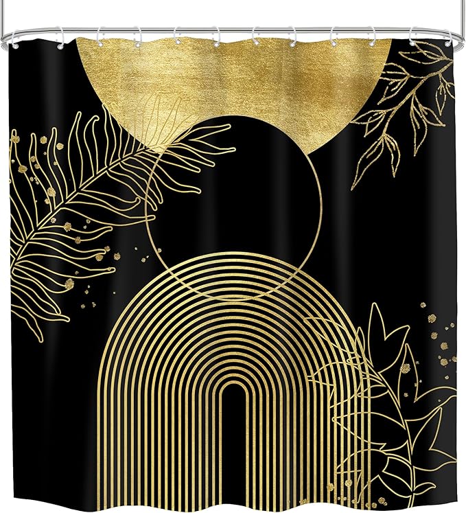 Black Gold Boho Shower Curtain 72Wx72H Bohemian Mid Century Modern Abstract Golden Leaves Plant Botanical Bathroom Decor Minimalist Geometric Neutral Bath Curtain Fabric Polyester 12 Pack Hooks
