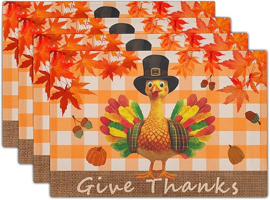 Giwawa Thanksgiving Placemats Set of 4, Give Thanks Turkey Place Mat with Orange Bufflao Plaids, Fall Autumn Maple Leaf Pumpkins Chestnuts Washable Table Mats for Kitchen Dining Holiday Decor, 12"x18"