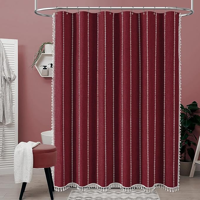 BTTN Boho Shower Curtain, Bohemian Linen Fabric Heavy Duty Striped Shower Curtain Set with Tassel, Water Repellent, Farmhouse Vintage Aesthetic Shower Curtains for Bathroom with Hooks, 72x72, Burgundy