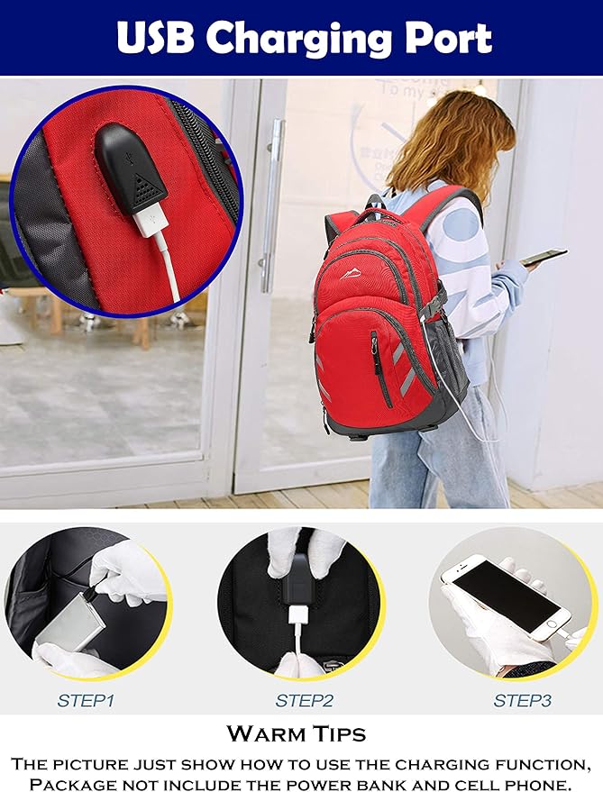 ProEtrade Backpack Bookbag for College Laptop Travel, Fit Laptop Up to 15.6 inch with USB Charging Port Multi Compartment Anti theft, Gift for Women Men (Red)