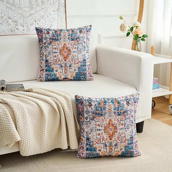Boho Throw Pillow Covers 20x20 inch Set of 2,Boho Vintage Carpet Pattern Antique Ethnic Decor Double Sided Pattern Cushion Cover Soft Pillow Case Living Sofa Room Bed Square Pillow Cover