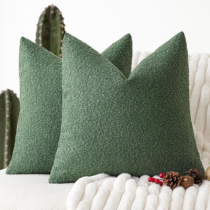 Foindtower Pack of 2, Decorative Textured Boucle Throw Pillow Covers Accent Solid Pillow Cases Cozy Soft Couch Cushion Case for Chair Sofa Bedroom Living Room Home Decor 22 x 22 Inch Hunter Green