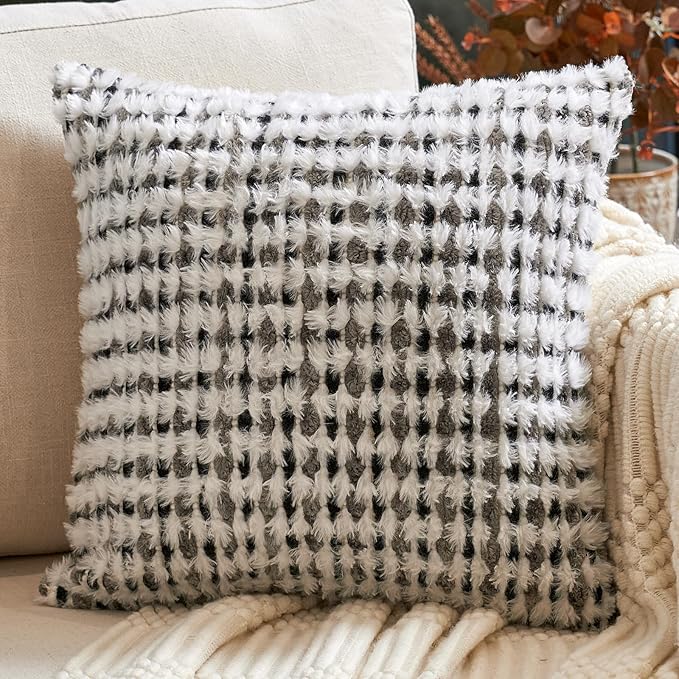 Aeckself Boho Chenille Tufted Pillow Cover 18x18 Inch, Decorative Square Throw Pillow Cover Neutral Pillowcase for Couch Bedroom Living Room, Black Gray