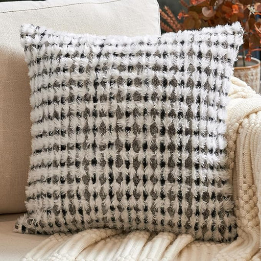 Aeckself Boho Chenille Tufted Pillow Cover 18x18 Inch, Decorative Square Throw Pillow Cover Neutral Pillowcase for Couch Bedroom Living Room, Black Gray