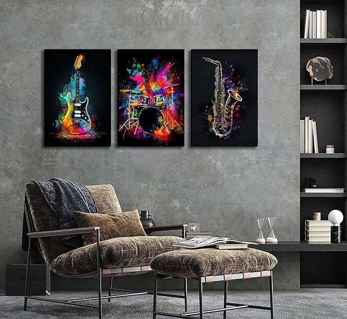 3pcs Musical Instrument Graffiti Canvas Wall Art Pop Music Instrument Style Wall Decor Pictures Rock Electric Guitar Jazz Drum Posters Prints for Teenagers Living Room Bedroom Home Decoration Framed