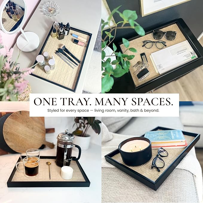 Solvane Wooden Serving Tray - 15x11in Rectangular Ottoman & Coffee Table Tray, Decorative Wood Tray with PU Leather Base for Living Room, Kitchen, Bathroom & Vanity