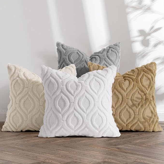 decorUhome Fall Throw Pillow Covers 20x20 Inch Set of 2, Soft Plush Decorative Faux Fur Beige Solid Couch Pillow Covers, Accent Farmhouse Neutral Square Euro Pillow Cases for Sofa Bed Living Room