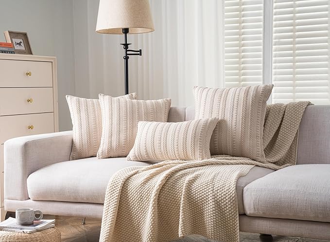 Boho Throw Pillow Covers 22x22 Inch Set of 2, Farmhouse Decorative Couch Pillow Cases, Beige Accent Pillows of Bed, Sofa Bedroom Living Room Home Decor Cushion Cover