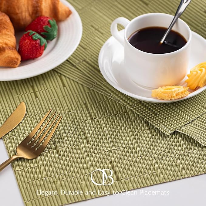 Placemats Set of 12 - Easy Clean Woven Vinyl Placemats for Dining Table, Indoor/Outdoor Place Mats, Washable PVC Table Mats （Pea Green）