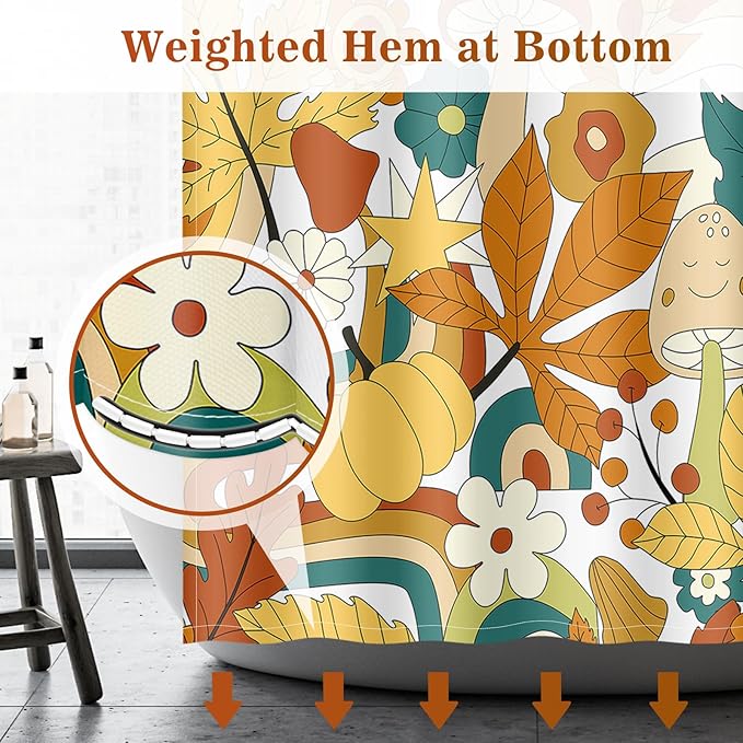 Aimego Cute Mushroom Shower Curtain - 70s Retro Boho Floral Plant Funky Groovy Flowers Hippie Fabric Cloth Bath Shower Curtain Set with 12 Hooks for Bathroom Decor Accessories, 72"x72"