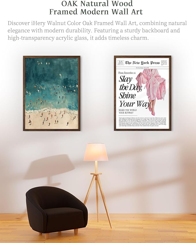 iHery Natural OAK Wood Retro Vintage Pink News Walnut Color Framed Wall Art, 12x16 in Slay the Day Shine Your Way Canvas Wall Decor, Trendy Newspaper Art For Bedroom Bathroom Living Room 1Pack