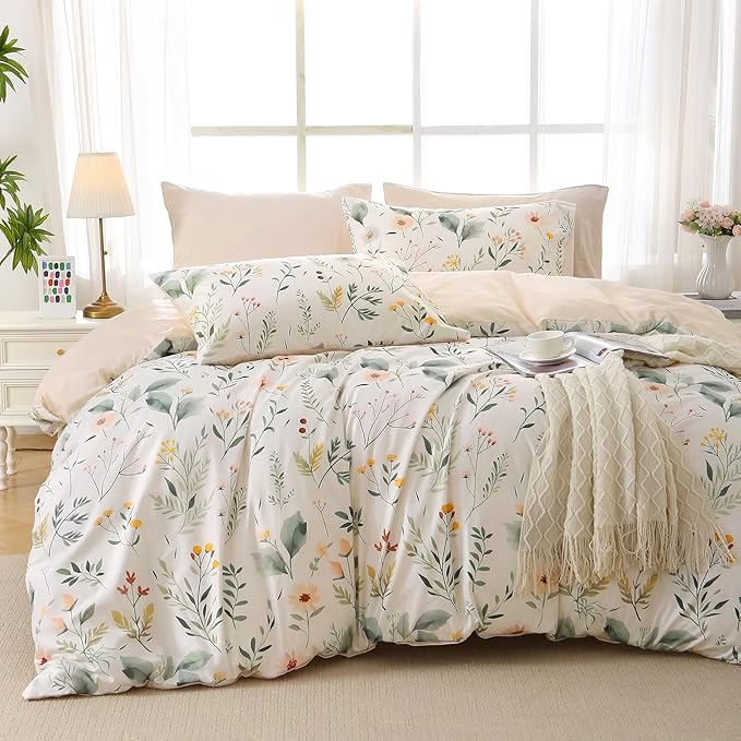 MUXHOMO Duvet Cover Queen Size, Reversible Floral Vintage Duvet Cover Set with Zipper Closure, 3 Pieces Botanical Patterns Soft Microfiber Bedding Set (90"x90", 2 Pillow Cases, Garden Leaves Beige)