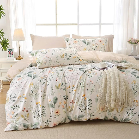 MUXHOMO Duvet Cover Queen Size, Reversible Floral Vintage Duvet Cover Set with Zipper Closure, 3 Pieces Botanical Patterns Soft Microfiber Bedding Set (90"x90", 2 Pillow Cases, Garden Leaves Beige)