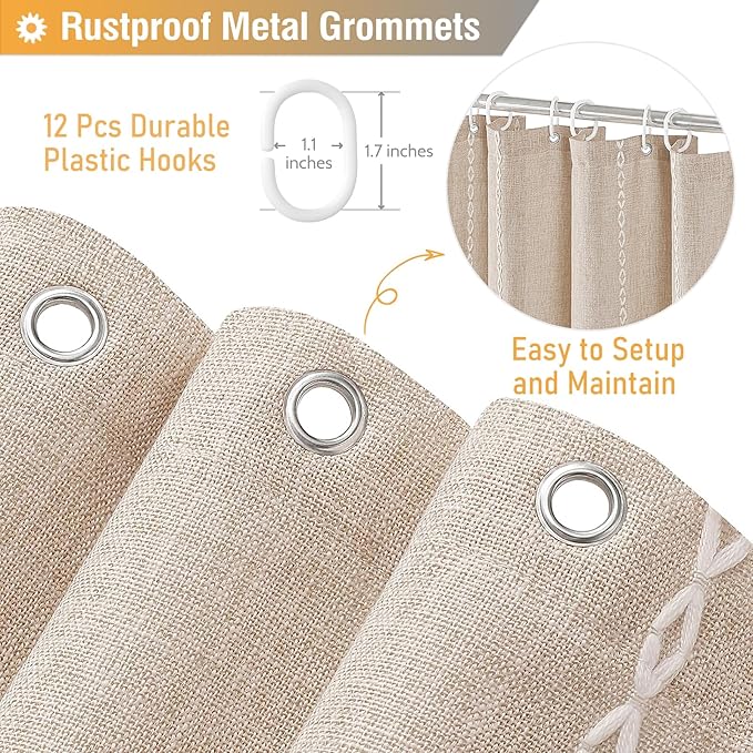 BTTN Boho Farmhouse Shower Curtain, Linen Rustic Heavy Duty Striped Fabric Shower Curtain Set with Tassel, Water Repellent, Bohemian Vintage Country Cloth Shower Curtain for Bathroom, Tan/Taupe, 72x72