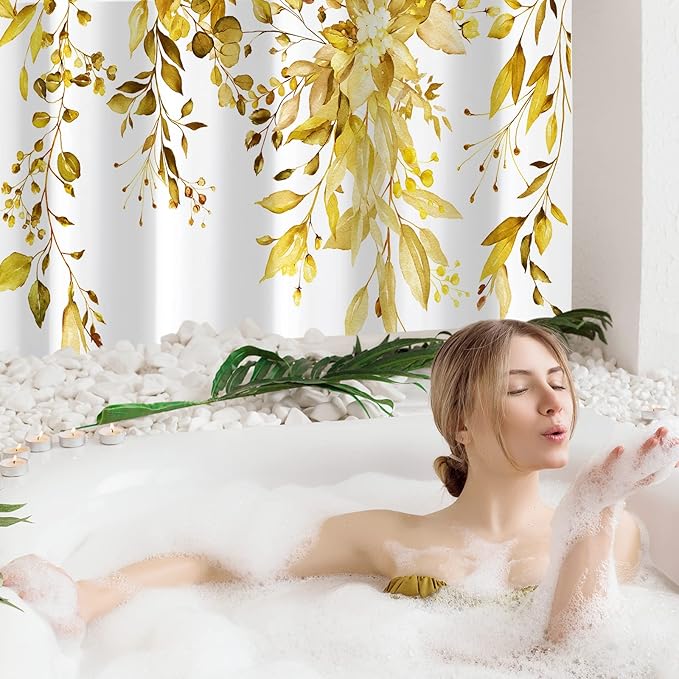 Gibelle Yellow Eucalyptus Shower Curtain, Watercolor Plant Leaves with Floral Bathroom Shower Curtain Set with Hooks, 72x72