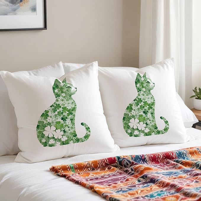 St Patrick's Day Cat Pillow Covers 18x18, Four Leaf Clover St Patrick's Day Pillow Covers, Lucky Shamrock St Patricks Day Cat Room Decor, St Patrick's Day Decorations for Sofa Bed Living Room