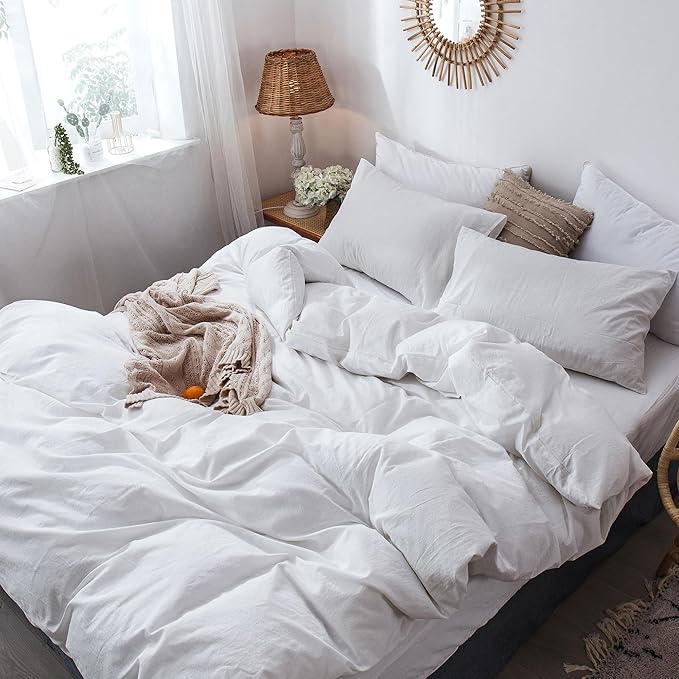 MooMee Bedding Duvet Cover Set 100% Washed Cotton Linen Like Textured Breathable Durable Soft Comfy (Solid Off White, Oversized King Plus 128"x120")