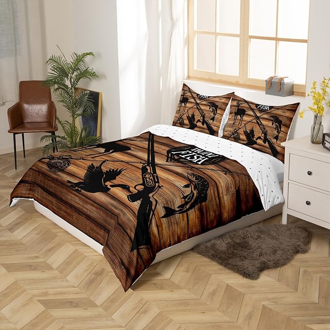 Retro Hunt Fish Bedding Set Queen Size,Rustic Farmhouse Brown Barn Board Duvet Cover Set for Teens Adult, Deer Bird Fish Animal Hunting Cabin Decor Comforter Cover with 2 Pillowcases (No Comforter)