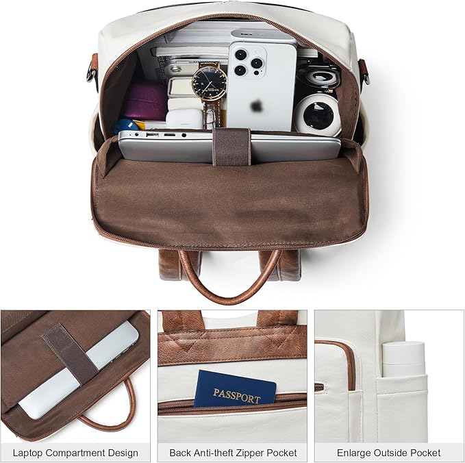 Shrrie 15.6 inch Laptop Backpack for Women,Large Leather Backpack Purse,Travel,Carry on,Water Resistant Casual Laptop Backpacks,College Backpack,Work Backpack for Women,Beige with Brown