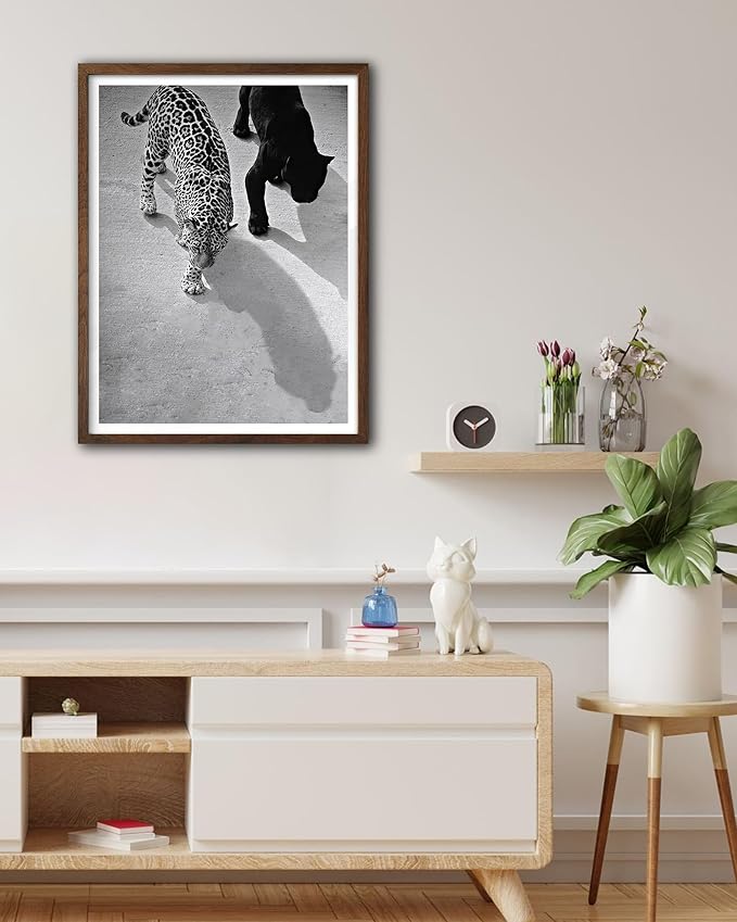 EcoHest Cheetah and Jaguar Walking Framed Wall Art, Walnut Color 12x16 in OAK Wood Vintage Black and White Funny Bathroom Canvas Art, Fashion 1950s Poster Decor, Set of 1 for Bedroom Living Room