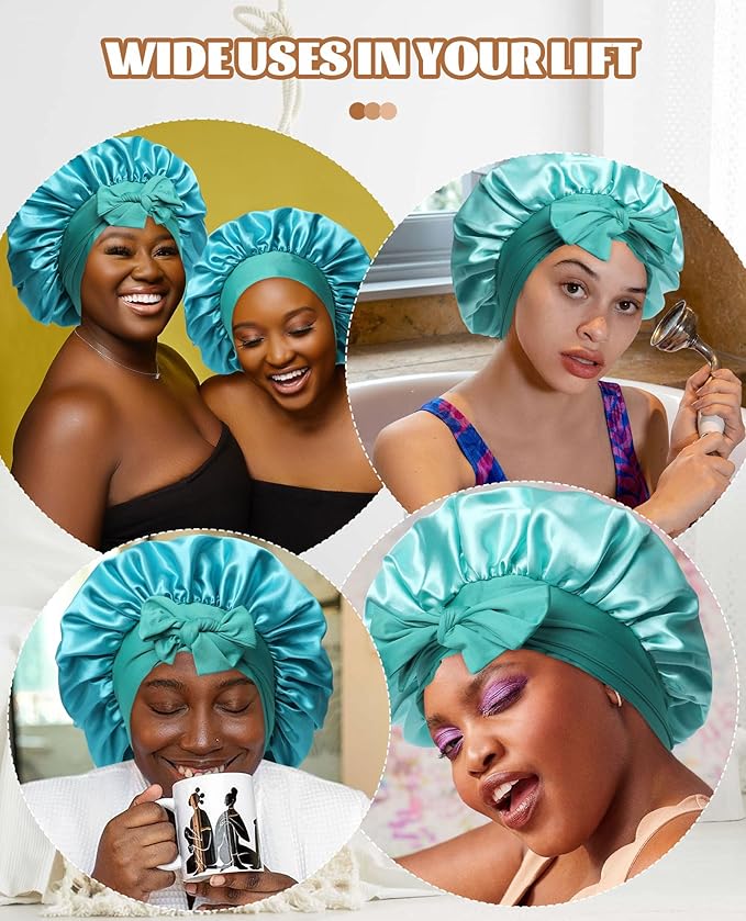 Satin Bonnet Silk Bonnet for Sleeping Silk Sleep Cap Double Layer Hair Bonnet with Elastic Tie Band for Curly Hair Night Cap (Peacock green+Wheat green)