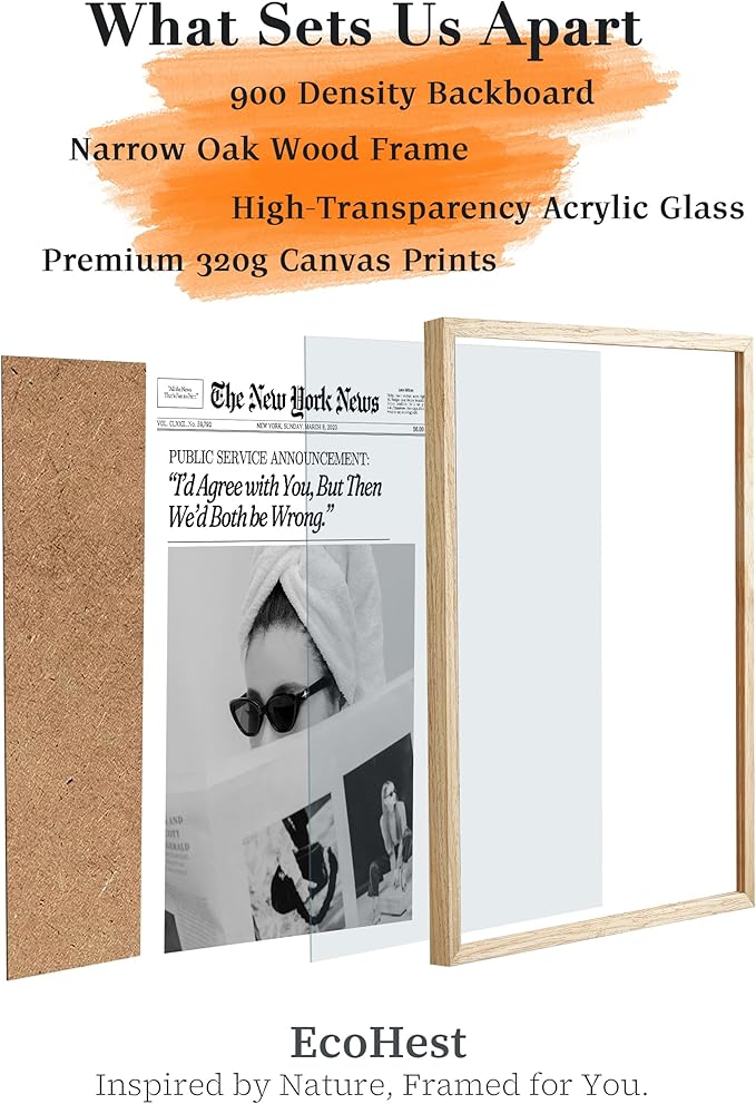 EcoHest Small Trendy Newspaper Framed Wall Art, 8x10 in OAK Wood Cool Girl Canvas Art, Magazine Bar Cart Print College Dorm Decor, Beige Logs Set of 1 for Bedroom Living Room