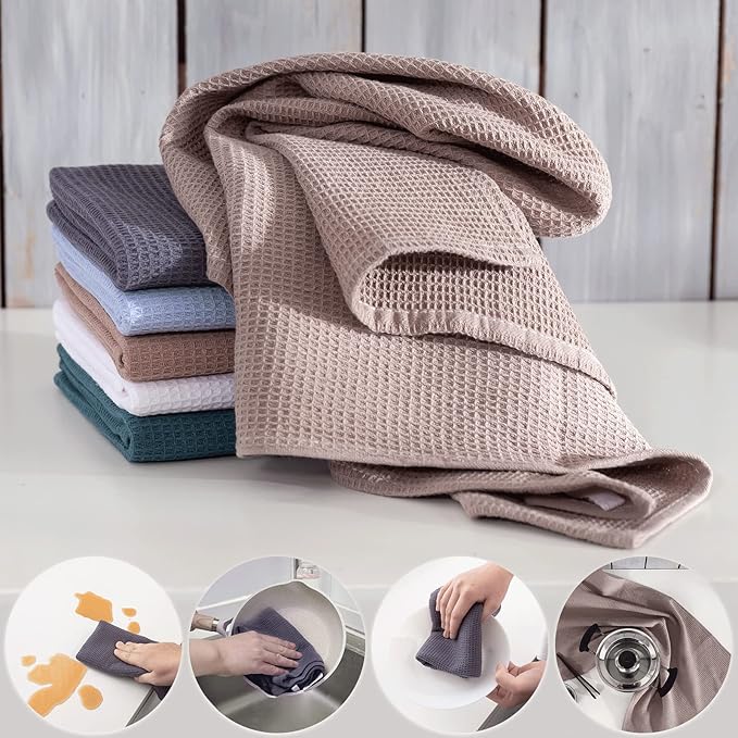 QUILTINA Dish Towels Set,100% Cotton Waffle Weave Kitchen Towels 6 Pack,17 x 25 Inches for Kitchen,Ultra Soft Dish Drying Towels(White, Gray, Light Khaki, Light Blue, Dark Green, Brown)