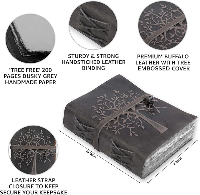 LEATHER VILLAGE Tree of Life Journal - 10 X 7 inches - Rustic Black - 200 Antique Deckle Edge Handmade Paper – Book of Shadows - Vintage Leather Bound Journal for Women & Men