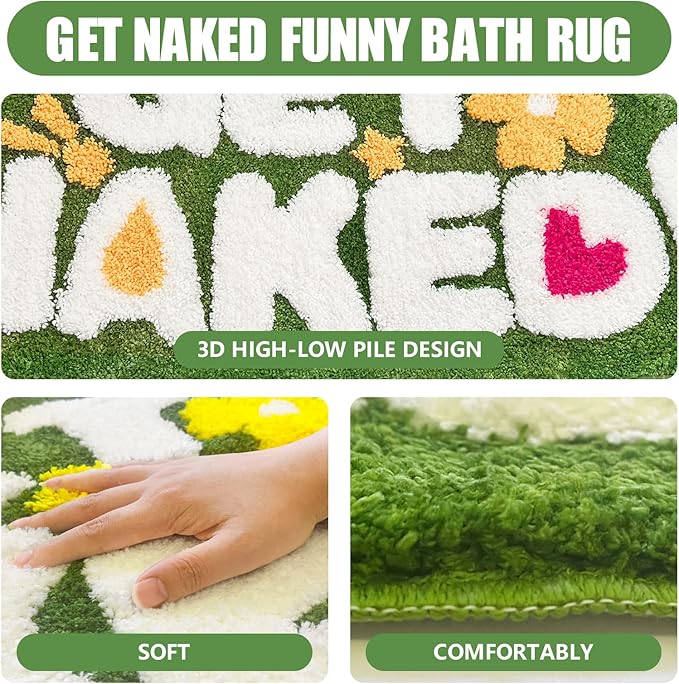 Get Naked Bath Rug, Fun Bathroom Rug,Green Bath Rugs Long Bath Mat Funny Bathroom Non Slip Microfiber Plush Cool Mat for Washable Absorbent Bathtub,Bedroom and Shower 20"x40"