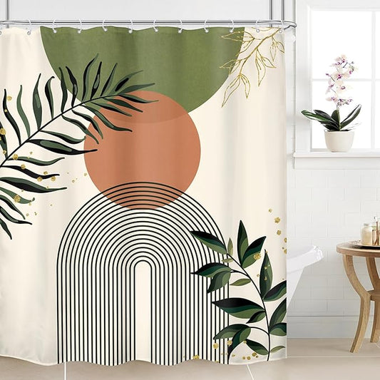 Green Boho Shower Curtain 60Wx72H Abstract Bohemian Modern Leaves Mid Century Minimalist Contemporary Plant Bathroom Decor Simple Neutral Bath Curtain Fabric Polyester 12 Pack Hooks