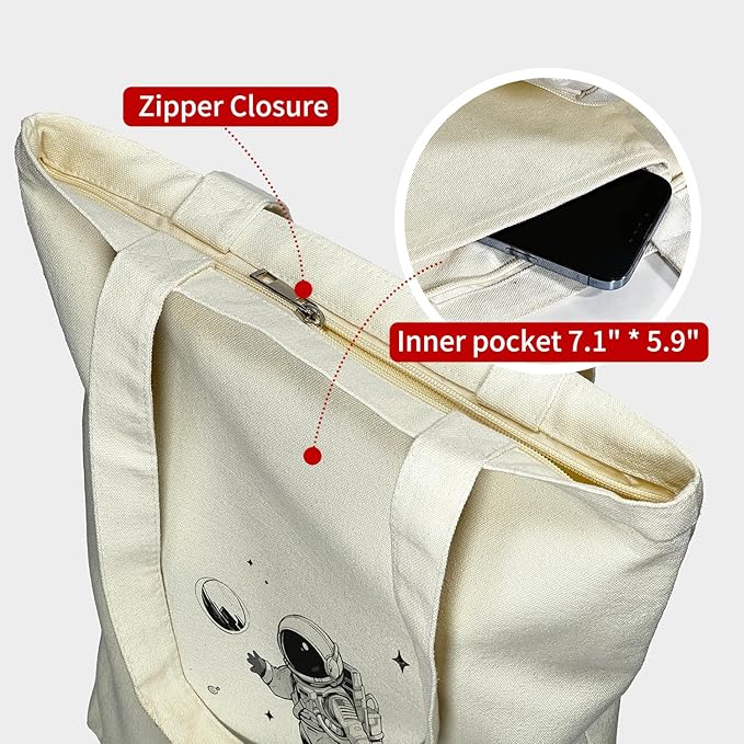 Tote Bag for Women, Reusable Zippered Canvas Bag with Handles Pocket Thick Canvas, for Grocery Shopping Beach Gift