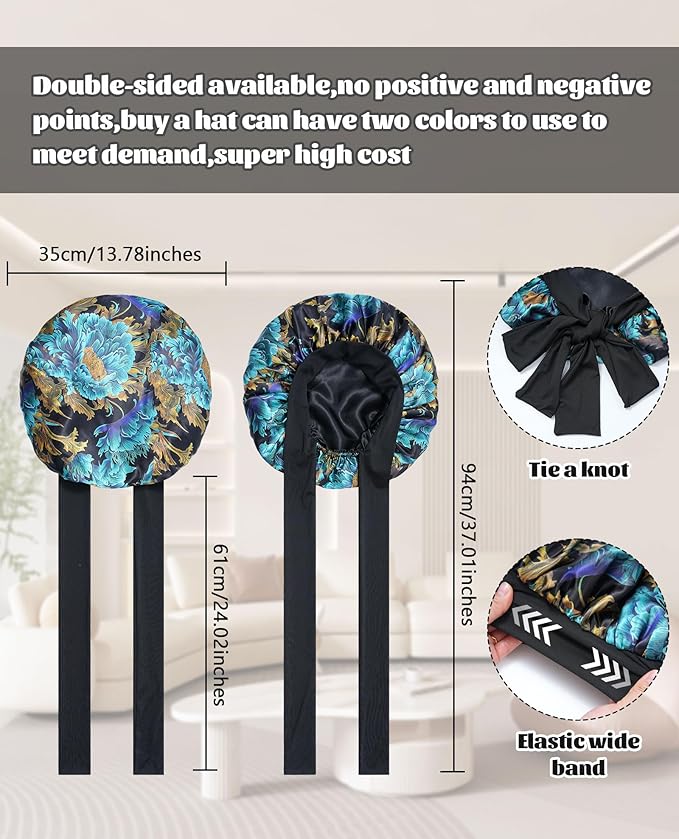 Satin Bonnet Silk Bonnet for Sleeping Silk Sleep Cap Double Layer Hair Bonnet with Elastic Tie Band for Curly Hair Night Cap(Print+Black)