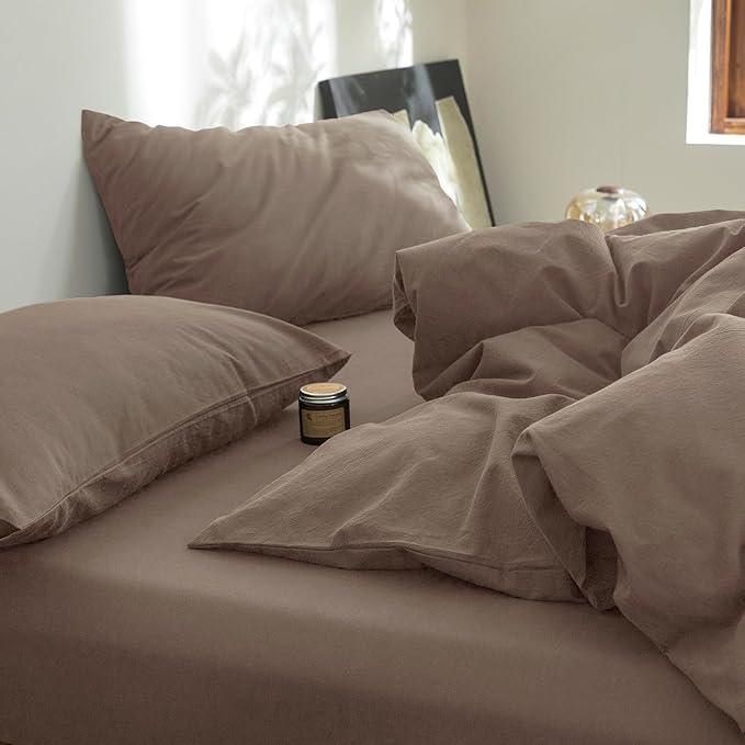 FOSSA Duvet Cover Set 100% Washed Cotton Linen Feel Super Soft Breathable Cozy 3 Pieces Bedding Sets Solid Pale Brown Oversized King