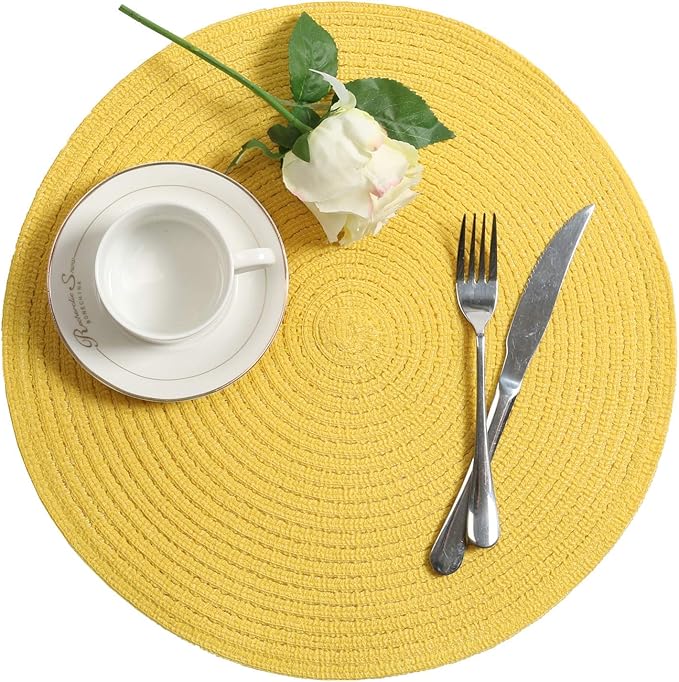 SHACOS Round Braided Placemats Set of 8 Washable Table Mats 15 inch Round Placemat Cotton Polyester Circle Placemat for Dining Table (Yellow, 8)
