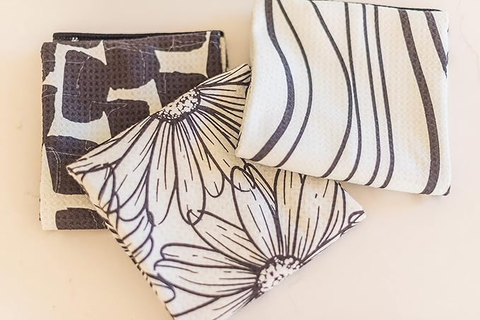 || 3 Pack|| Kitchen Towels || Dish Towels || Tea Towels || Highly Absorbent || Hanging Loop || Dish Cloths || Modern || Designer Prints (Beige/Black)