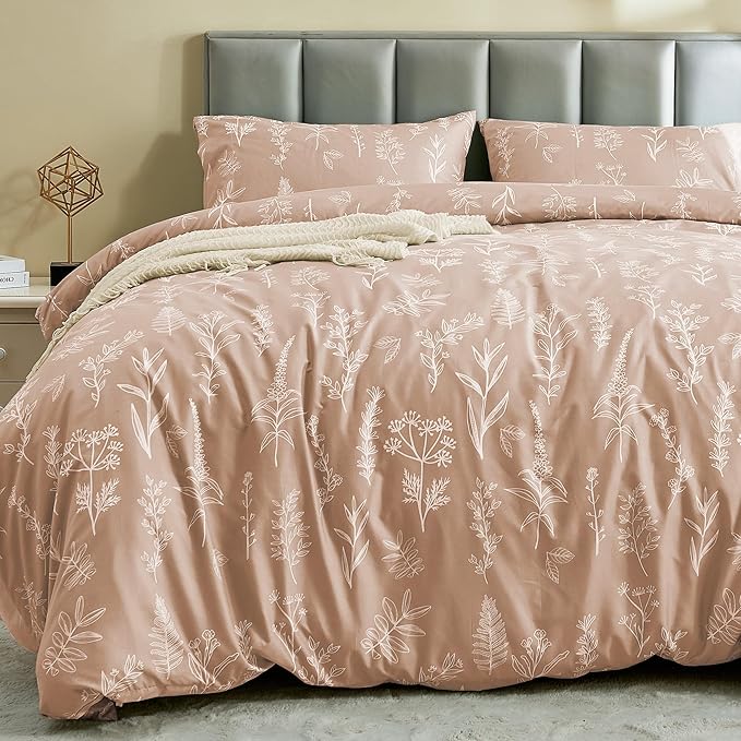 MUXHOMO Duvet Cover Queen Size, Reversible Floral Rosy Gold Duvet Cover Set with Zipper Closure, 3 Pieces Botanical Patterns Soft Microfiber Bedding Set with 4 Ties (90"x90", 2 Pillow Cases)